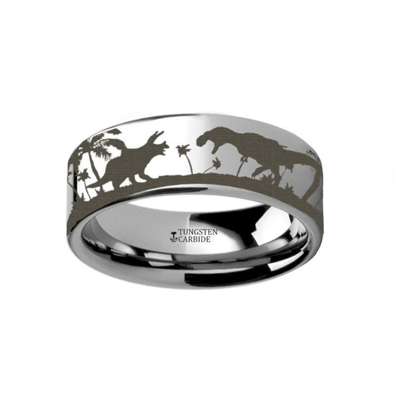 Prehistoric Dinosaur Jurassic Themed Portrait Engraved Flat Tungsten Ring - 4mm - 12mm - 6mm