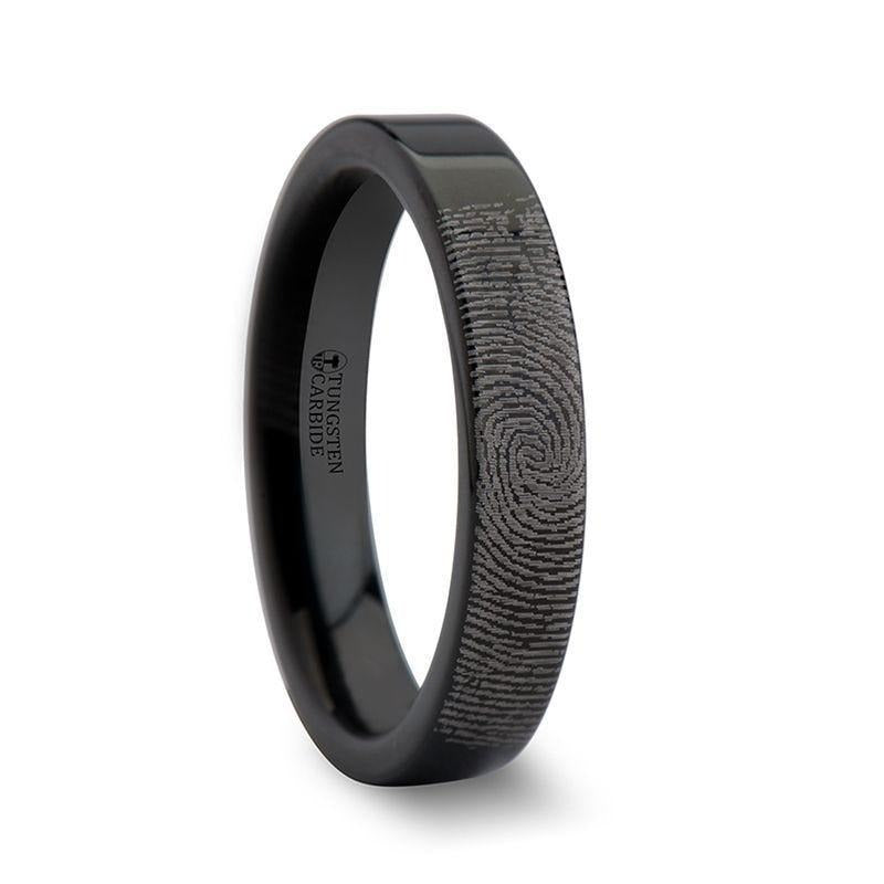 Fingerprint Engraved Flat Pipe Cut Black Tungsten Ring Polished - Morpheus - 4mm - 12mm - 6mm