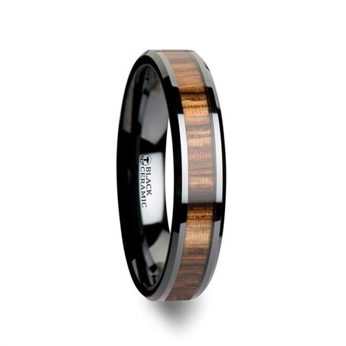 ZEBRANO Black Ceramic Ring with Beveled Edges and Real Zebra Wood Inlay - 4mm - 10mm - 8mm