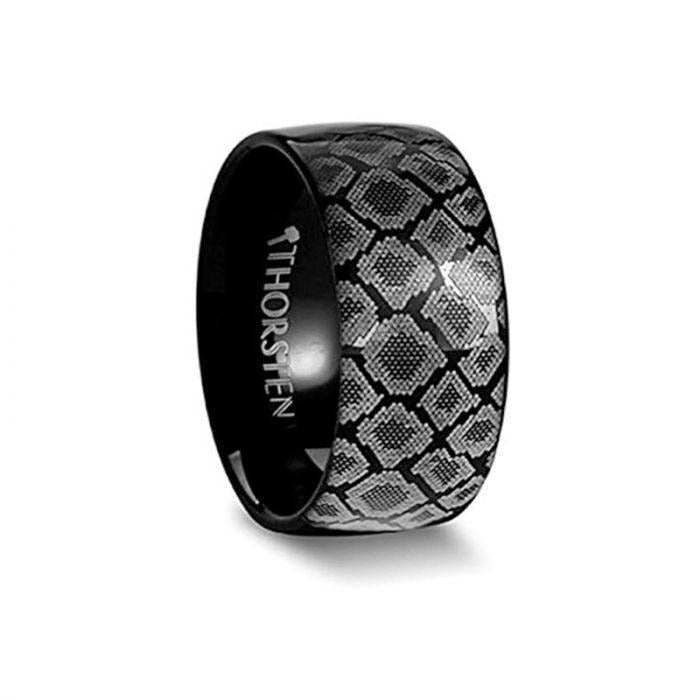 Snake Scales Print Engraved Flat Black Tungsten Ring Polished - 4mm - 12mm - 6mm