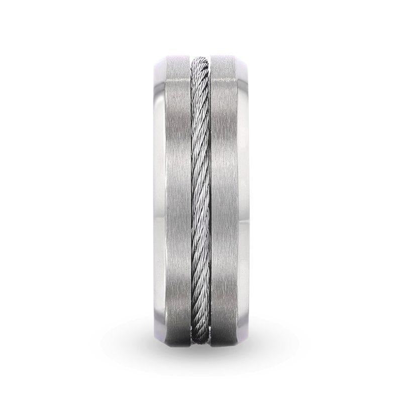 ALBERT Steel Cable Inlaid Brushed Center Titanium Men's Wedding Band With Beveled Polished Edges - 8mm