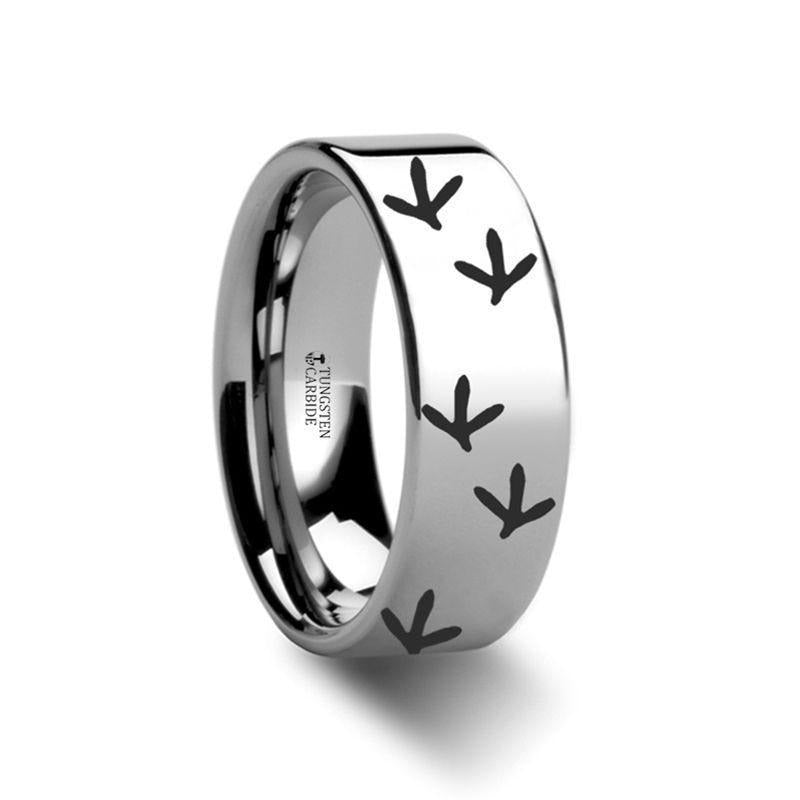 Quail Bird Track Print Engraved Flat Tungsten Ring - 4mm - 12mm - 6mm
