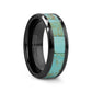 PIETRO Men’s Polished Black Ceramic Wedding Band with Light Blue Turquoise Stone Inlay & Polished Beveled Edges - 8mm
