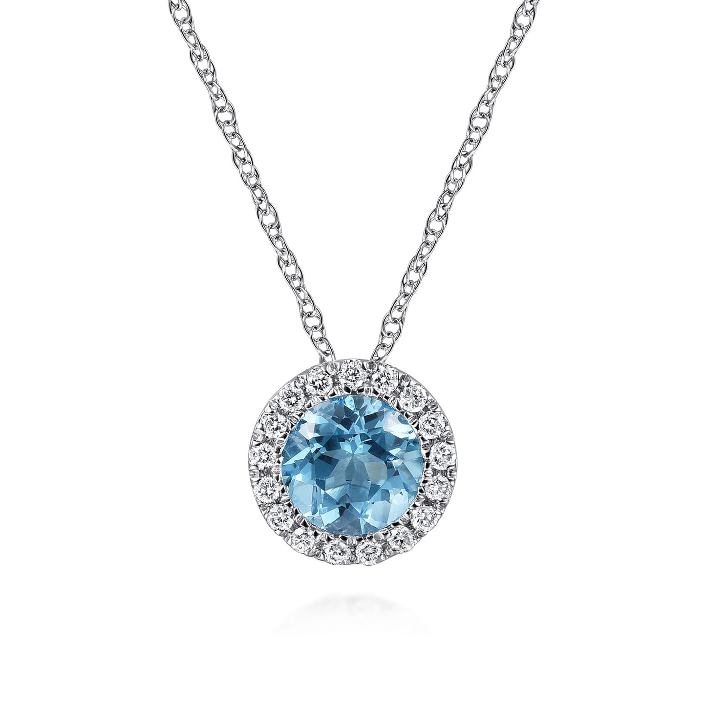 Gabriel & Co. 14K White Gold Round Swiss Blue Topaz and Diamond Halo Pendant Necklace .06CTW