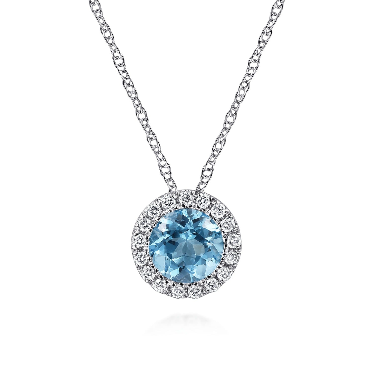 Gabriel & Co. 14K White Gold Round Swiss Blue Topaz and Diamond Halo Pendant Necklace .06CTW
