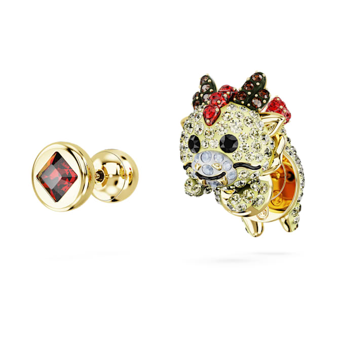 Chinese Zodiac stud earrings Asymmetrical design, Dragon, Yellow, Gold-tone plated