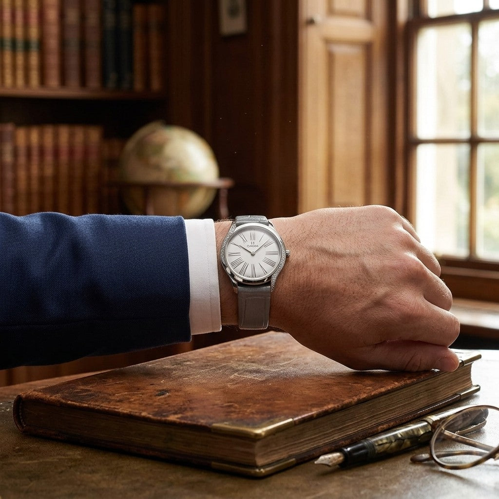 Omega de Ville Mini Trésor 26 mm — Steel on Alligator — lifestyle