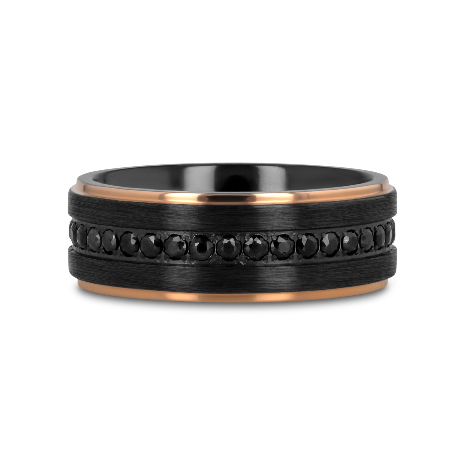 ASTRO Flat Brushed Black Titanium Ring with Rose Gold Plated Edge and Black Sapphire Settings All Around - 8mm