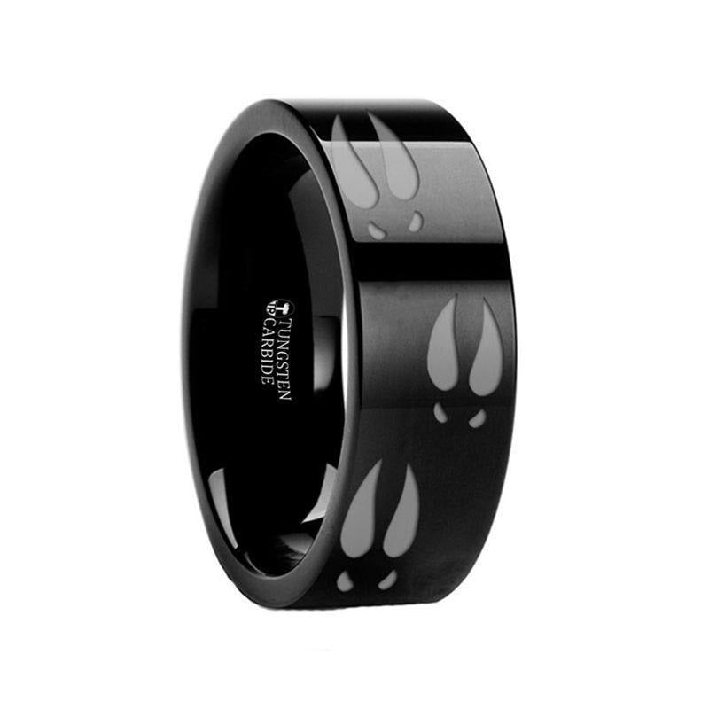 Animal Track Deer Print Engraved Flat Black Tungsten Ring - 4mm - 12mm - 8mm