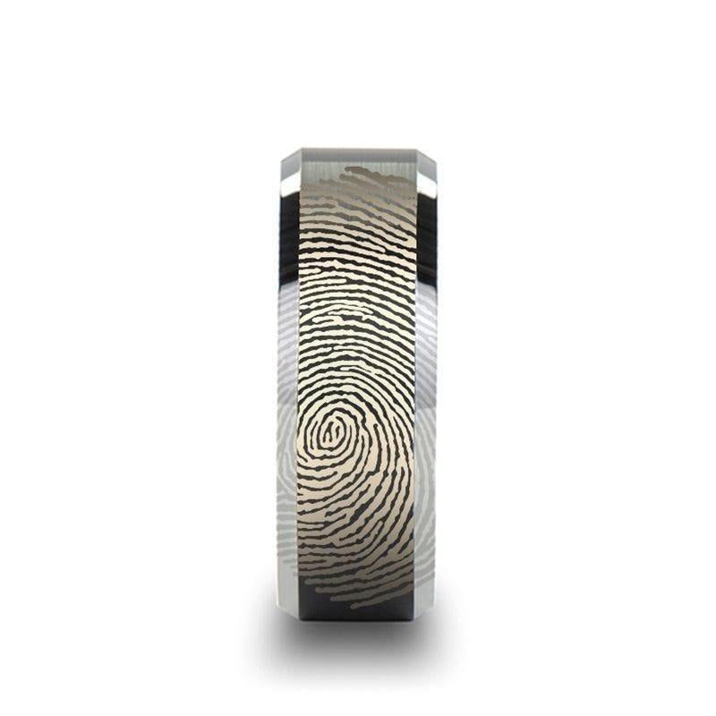 Fingerprint Engraved Flat Black Tungsten Ring with Brushed Finish with Polished Beveled Edges - Aston - 4mm - 10mm - 6mm