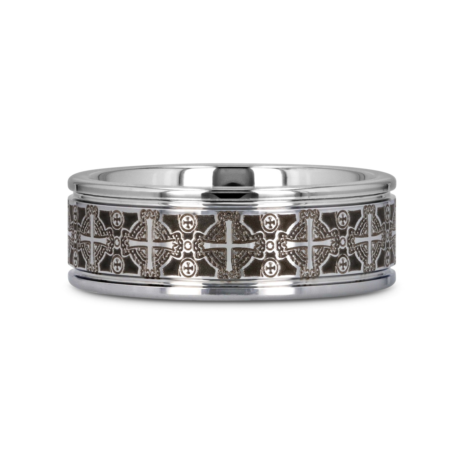 DEACON Flat Tungsten Ring Laser Engraved Celtic Crosses - 8mm