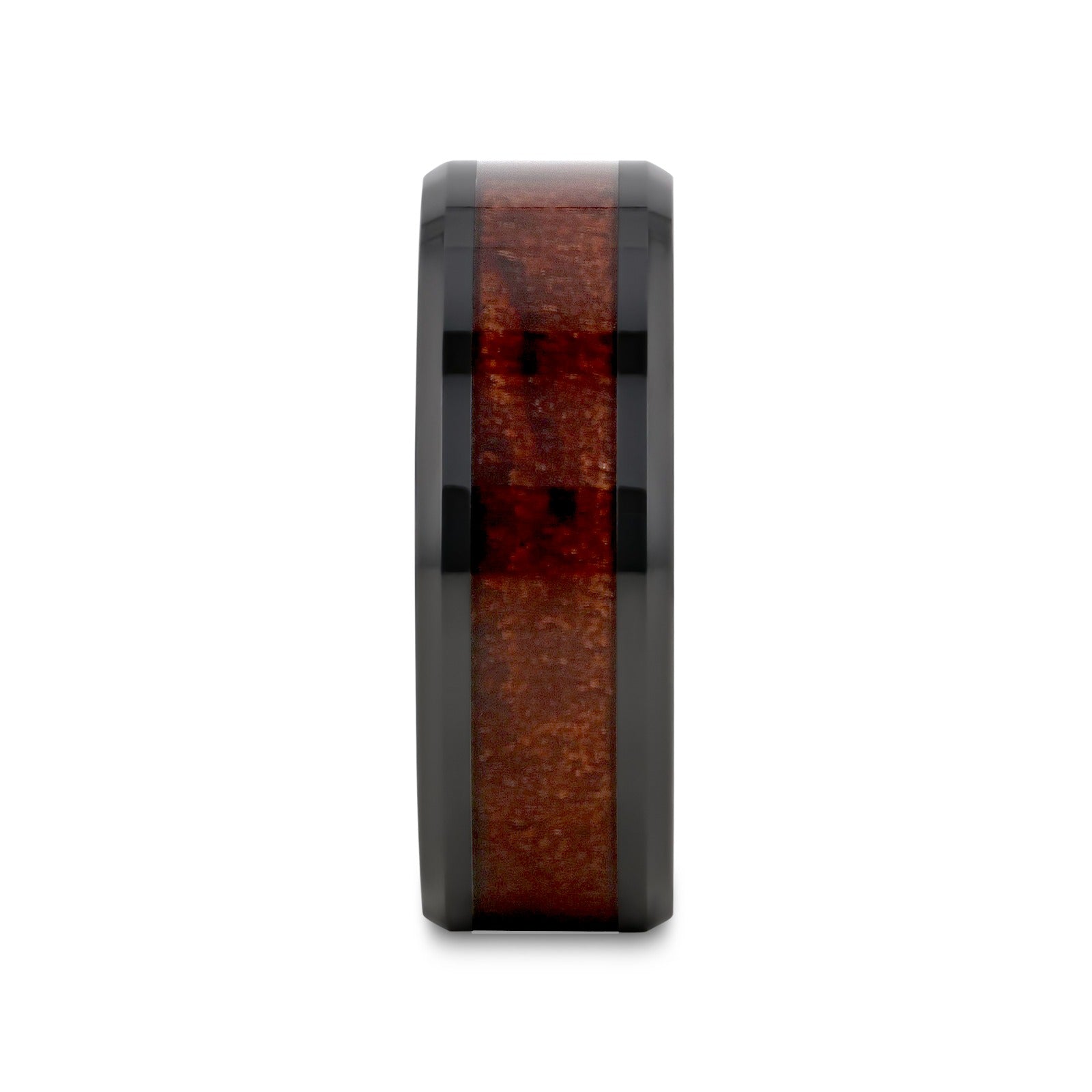 BENNY Black Ceramic Polished Beveled Edges Men’s Wedding Band with Bubinga Wood Inlay - 8mm