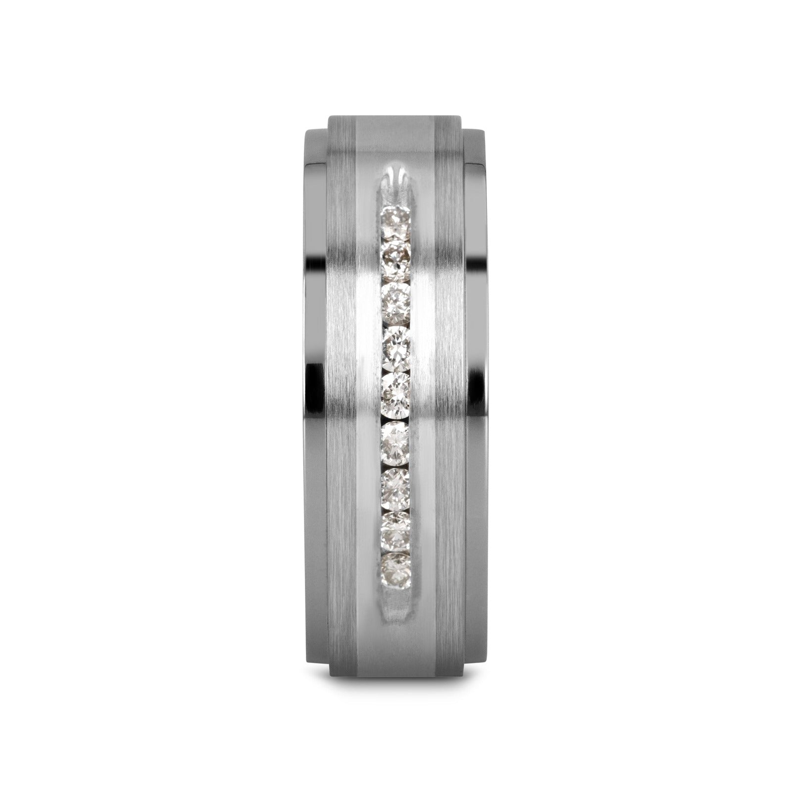 BOND Flat Brushed Silver Inlaid Titanium Men's Wedding Band With 9 Channel Set White Diamonds - 8mm