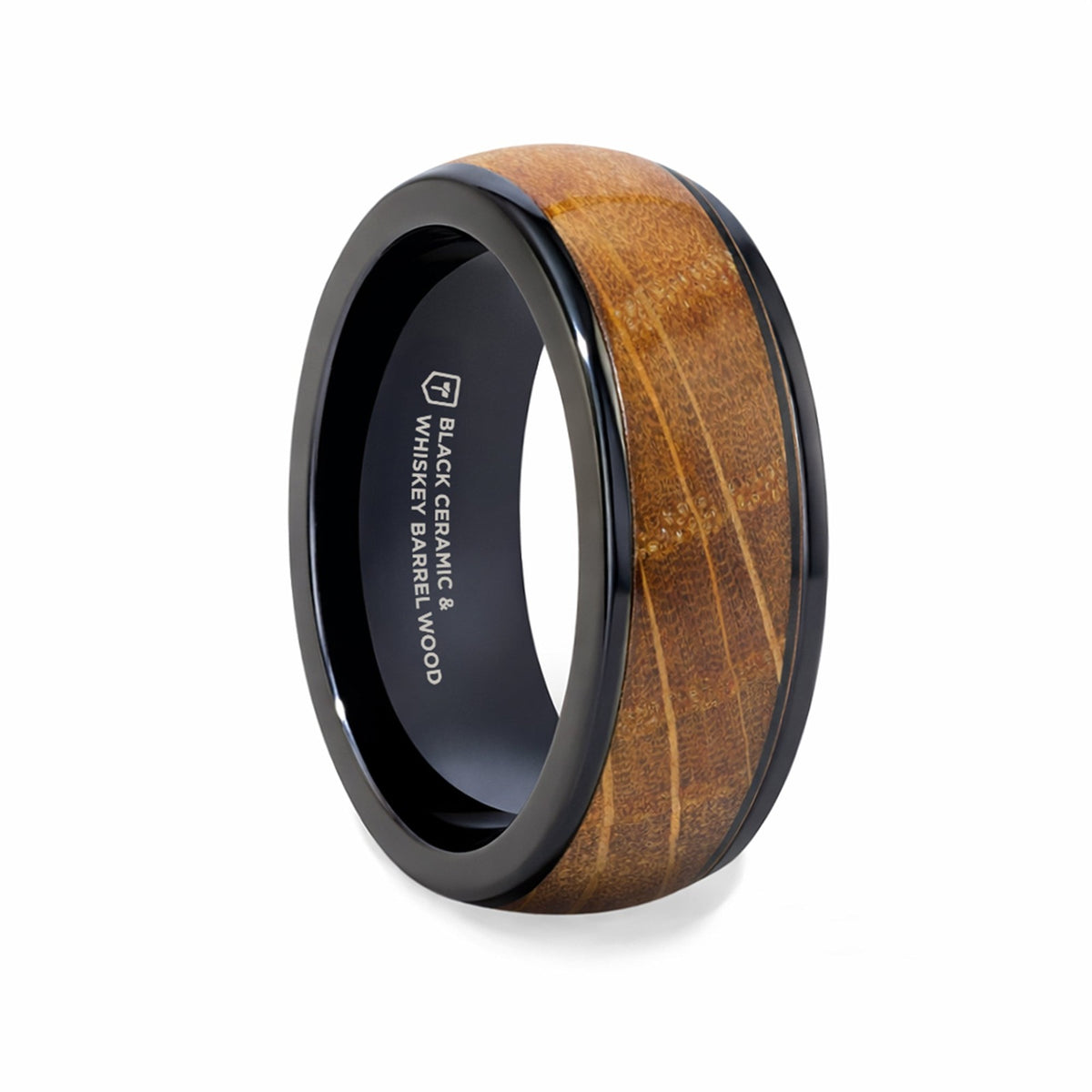 SCOTCH Black Ceramic Ring with Whiskey Barrel Wood Inlay- 8mm