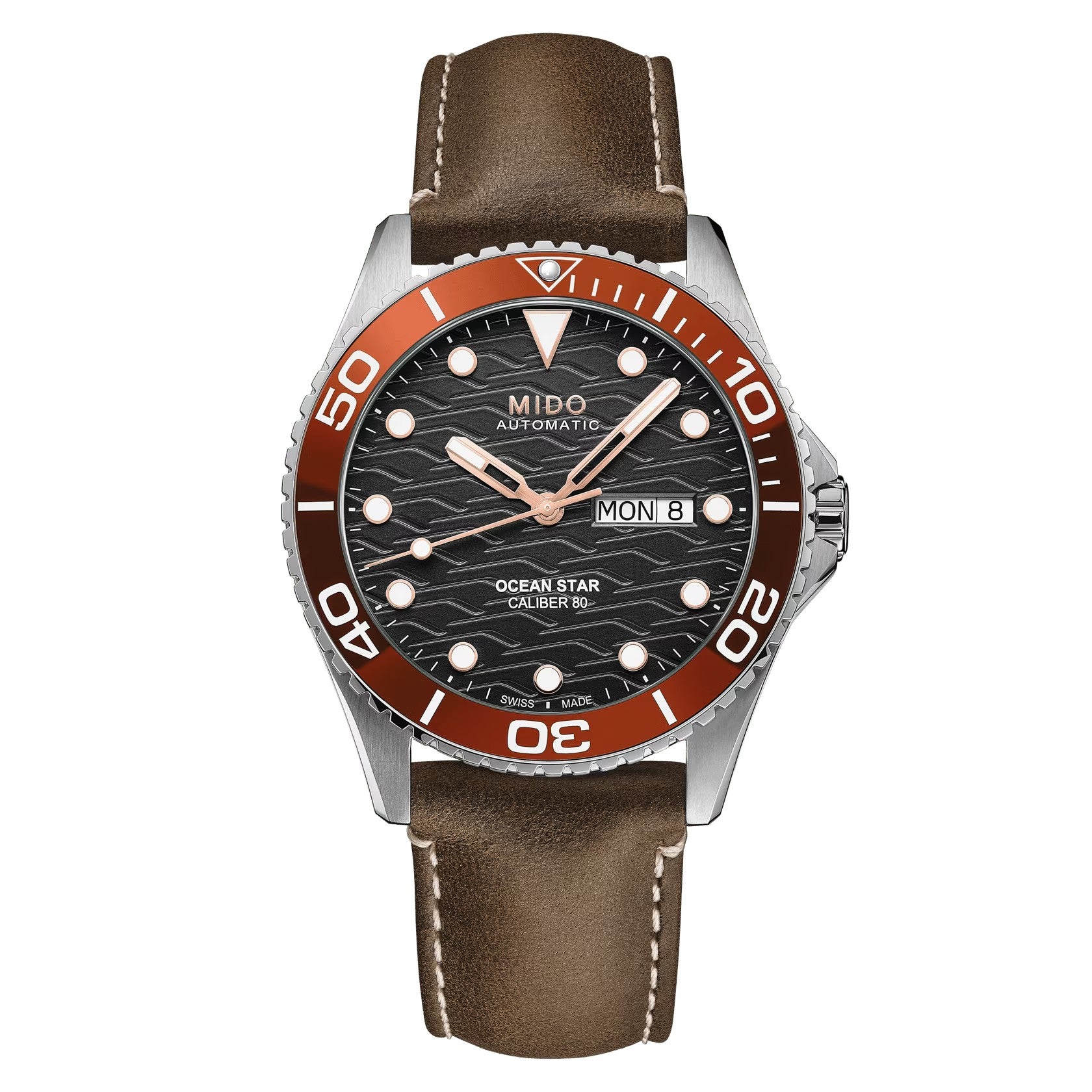 MIDO Ocean Star 200C Ceramic Bezel Black Dial Stainless Steel Watch Brown Leather Strap - 42.5mm