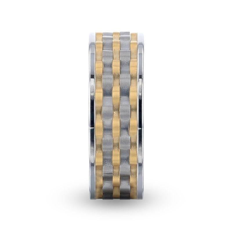 MONTROSE Wavy Gold And Gunmetal Texture Pattern Inlaid Titanium Men's Wedding Band With Flat Polished Profile - 8mm