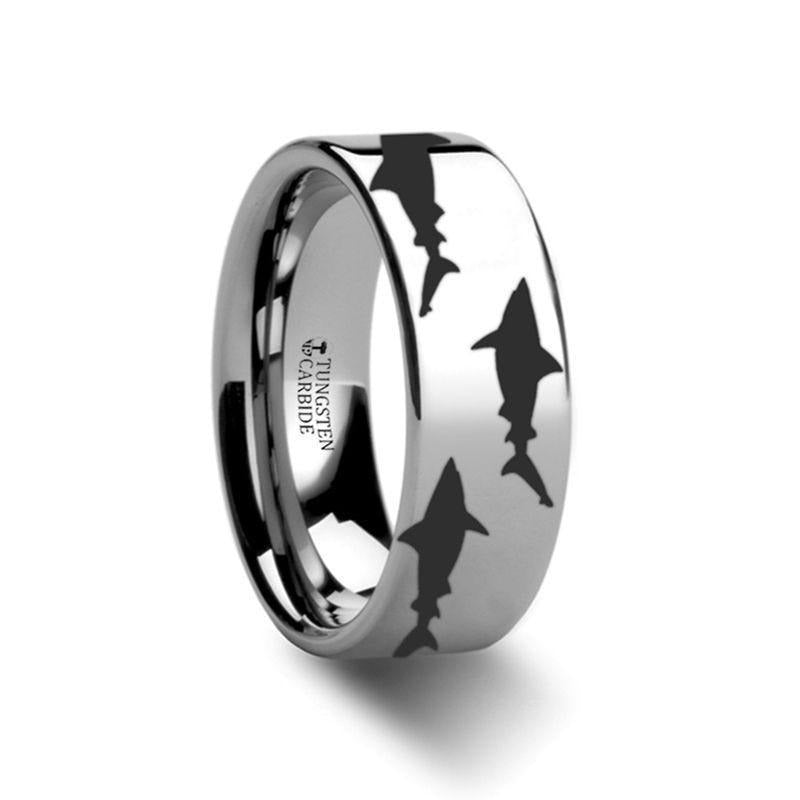Shark Predator Fish Sea Print Pattern Engraved Flat Tungsten Ring - 4mm - 12mm - 6mm