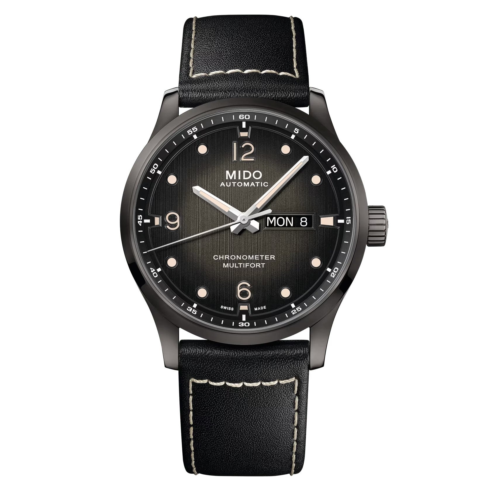 MIDO Multifort M Chronometer Black Dial, Black PVD Stainless Steel Watch Leather Strap - 42mm