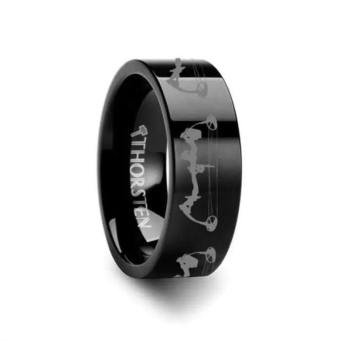 Bow Archery Print Design Engraved Flat Tungsten Black Ring - 4mm - 12mm - 6mm