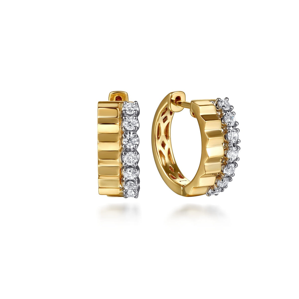 14K White Yellow Gold Diamond and Diamond Cut Huggie Earrings (GABRIEL)