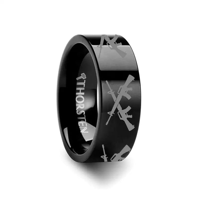 M16 CROSSED Print Design Engraved Flat Tungsten Black Ring - 4mm - 12mm - 6mm