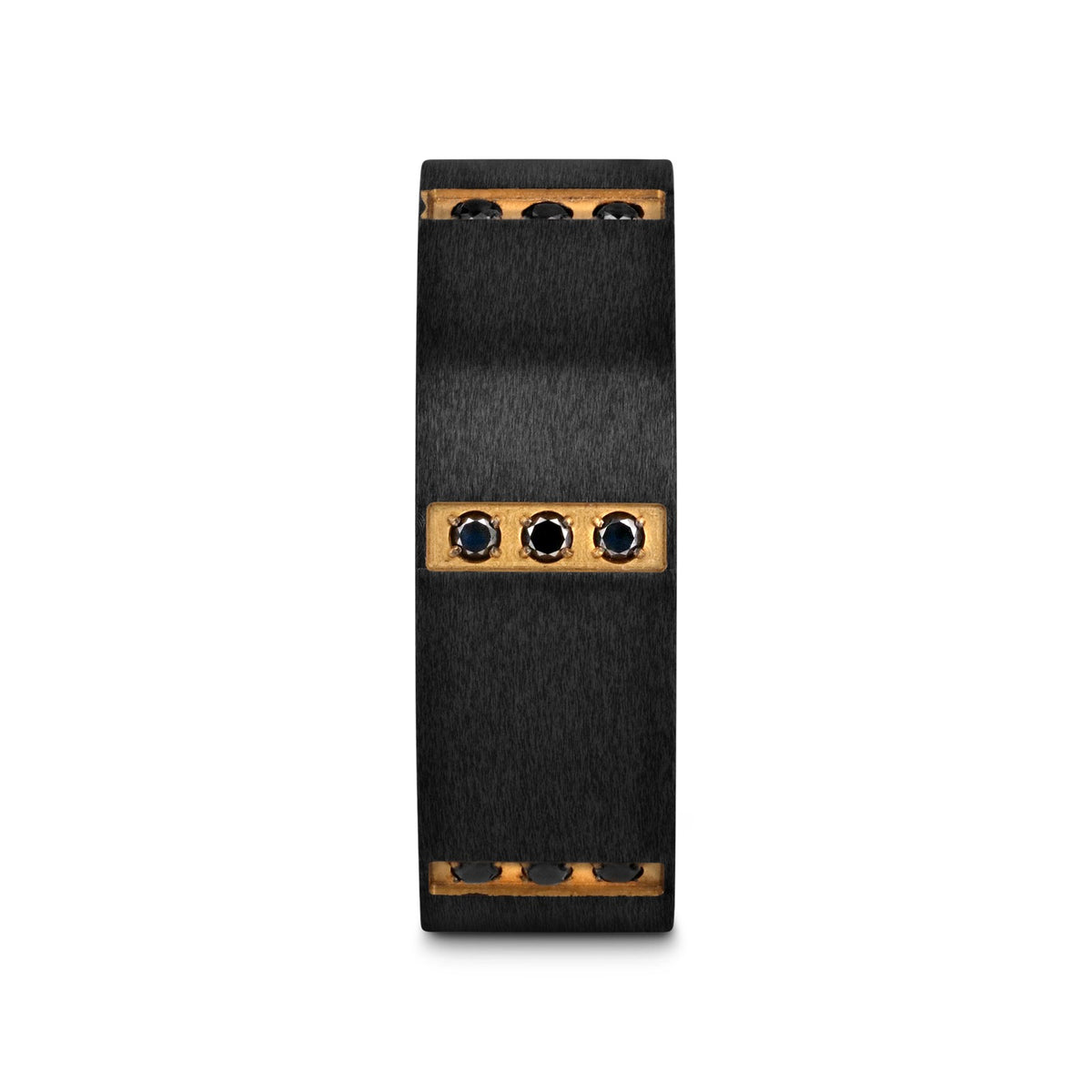 MURAMASA Flat Brushed Black Titanium Ring Gold Plated Inside with 6 Gold Plated Stainless Steel Bezels Triple Black Diam