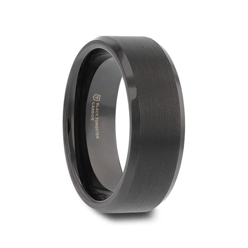 ELISE Black Tungsten Ring with Polished Beveled Edges and Brush Finished Center - 4mm - 10mm - 8mm