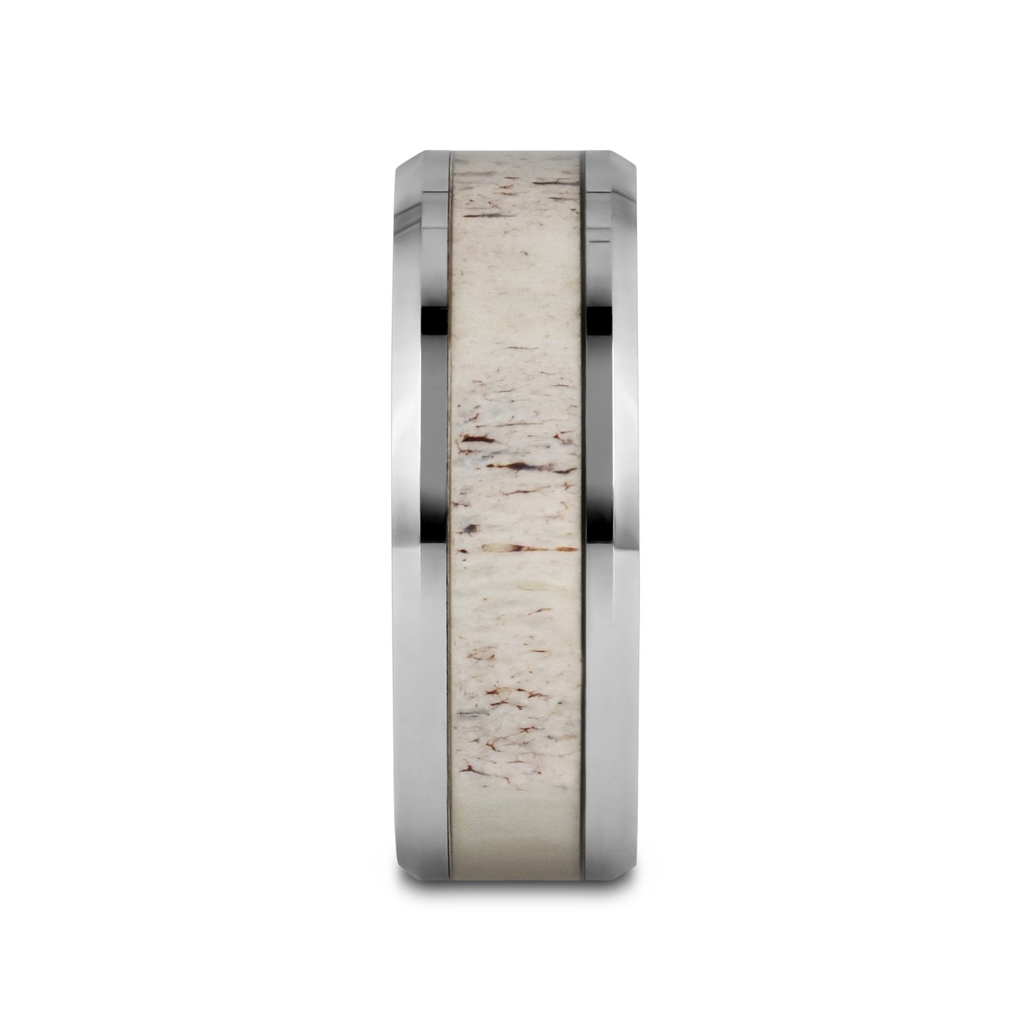 WHITETAIL Polished Beveled Tungsten Carbide Men's Wedding Band with Off-White Deer Antler Inlay - 8mm