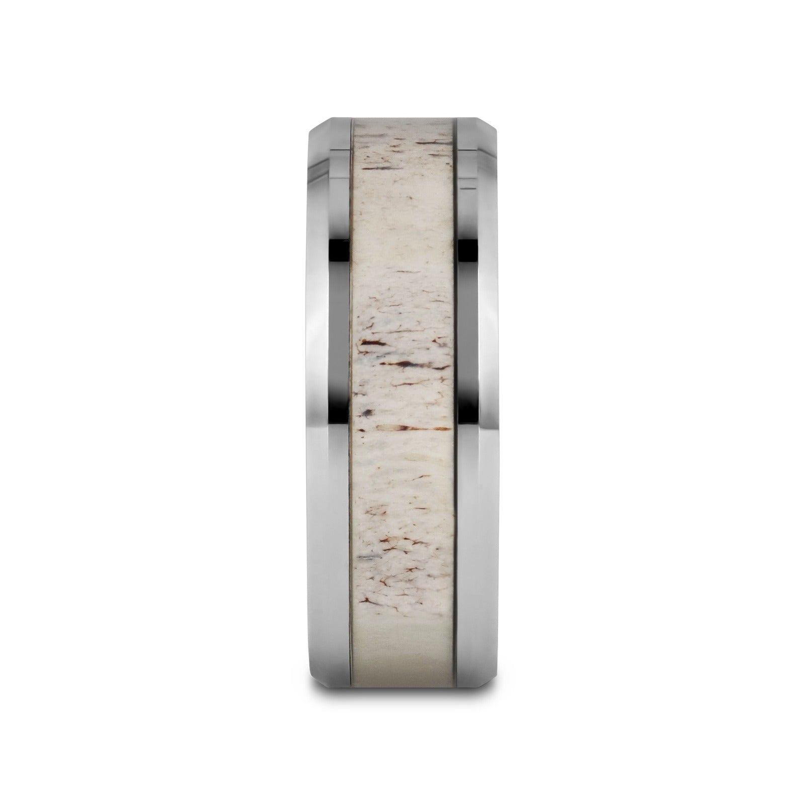 WHITETAIL Polished Beveled Tungsten Carbide Men's Wedding Band with Off-White Deer Antler Inlay - 8mm