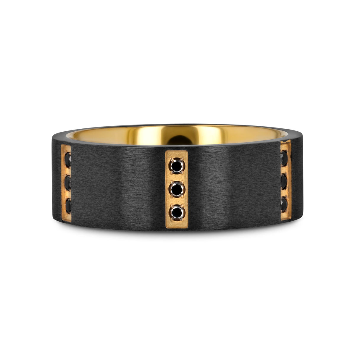MURAMASA Flat Brushed Black Titanium Ring Gold Plated Inside with 6 Gold Plated Stainless Steel Bezels Triple Black Diam