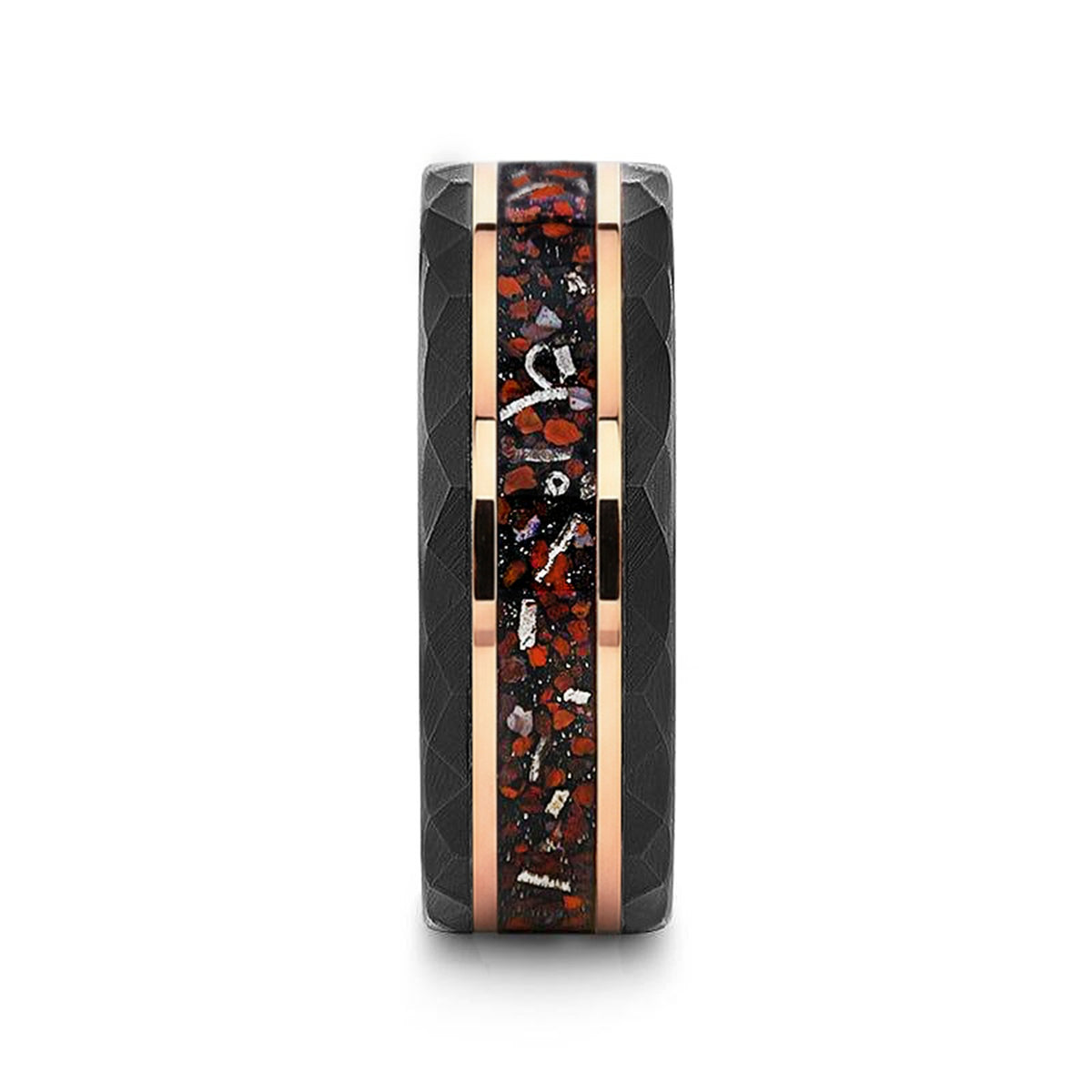 INFERNO Black/Rose Hammered Tungsten Carbide Ring with Dinosaur Bones and Meteorite - 8mm