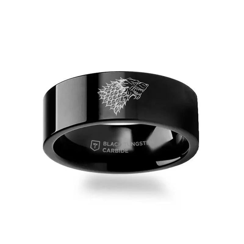 Game of Thrones Noble Houses Sigil Engraving Black Tungsten Ring Stark - 2mm - 12mm - 6mm