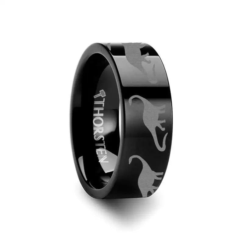 Dinosaur Brachiosaurus Prehistoric Paleo Engraved Flat Black Tungsten Ring - 4mm - 12mm - 6mm