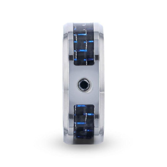 PACIFIC Black And Blue Carbon Fiber Inlaid Titanium Men's Wedding Band With Beveled Polished Edges and Black Sapphire Ce