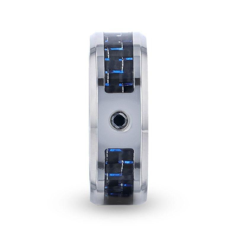 PACIFIC Black And Blue Carbon Fiber Inlaid Titanium Men's Wedding Band With Beveled Polished Edges and Black Sapphire Ce