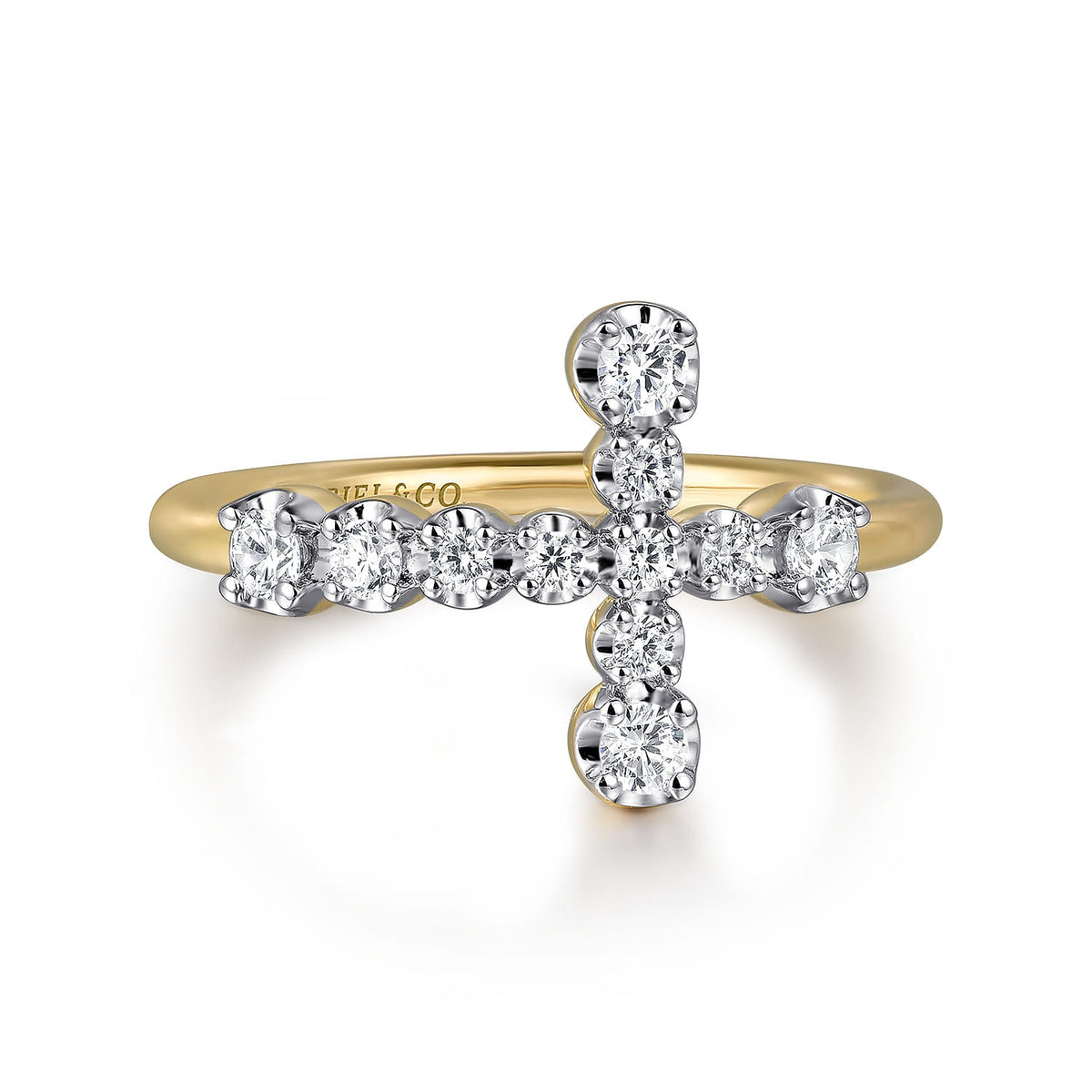 14K Yellow Gold Horizontal Diamond Cross Ladies Ring 1/3CTW GABRIEL
