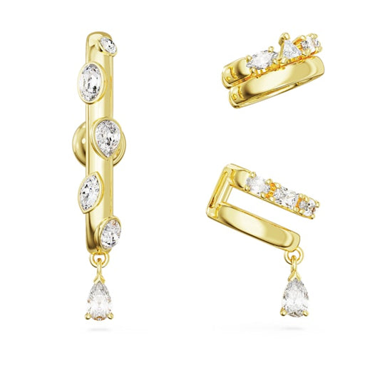 Dextera ear cuff Set (3), Mixed cuts, White, Gold-tone plated