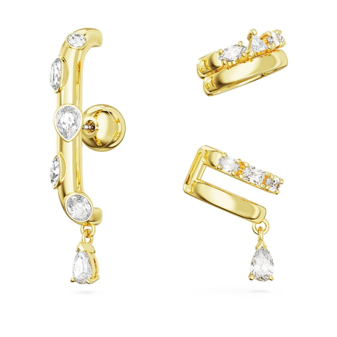 Dextera ear cuff Set (3), Mixed cuts, White, Gold-tone plated