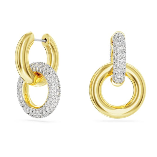 Dextera hoop earrings Asymmetrical design, Interlocking loop, White, Gold-tone plated