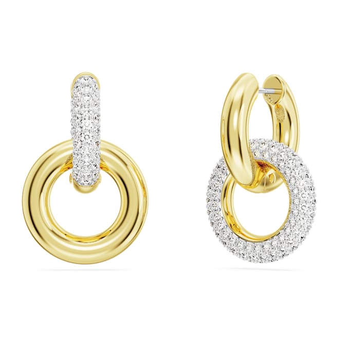 Dextera hoop earrings Asymmetrical design, Interlocking loop, White, Gold-tone plated
