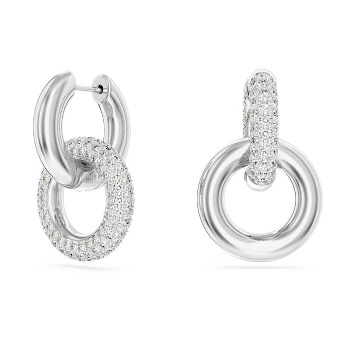 Dextera hoop earrings Asymmetrical design, Interlocking loop, White, Rhodium plated