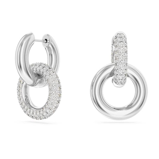 Dextera hoop earrings Asymmetrical design, Interlocking loop, White, Rhodium plated