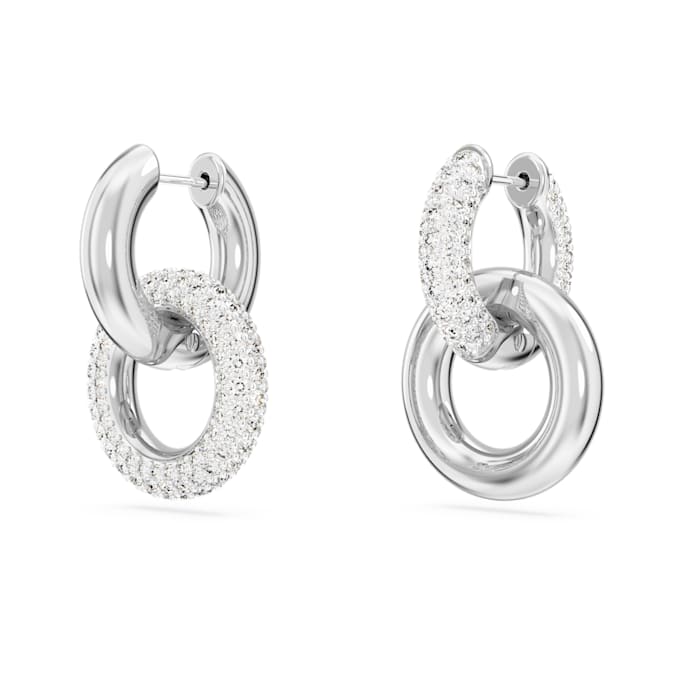 Dextera hoop earrings Asymmetrical design, Interlocking loop, White, Rhodium plated