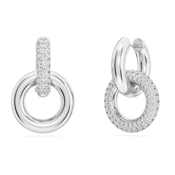 Dextera hoop earrings Asymmetrical design, Interlocking loop, White, Rhodium plated