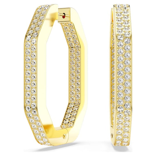 Dextera hoop earrings Octagon shape, Large, White, Gold-tone plated