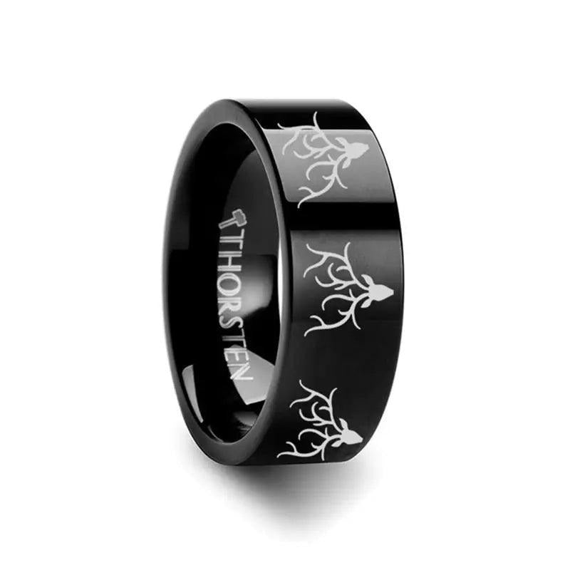 Animal Reindeer Deer Stag head Print Engraved Flat Black Tungsten Ring - 4mm - 12mm - 6mm