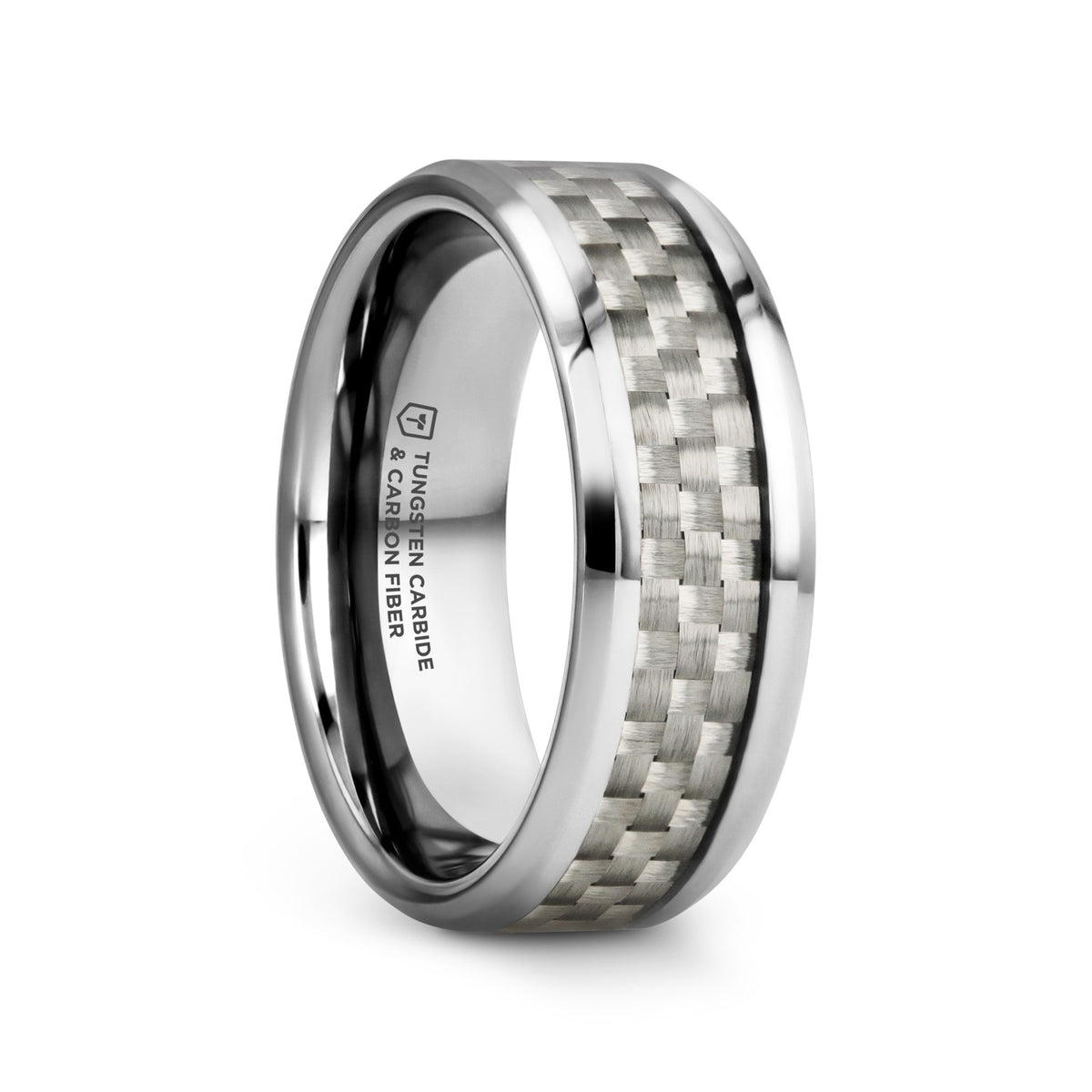 ULTIMUS Tungsten Carbide Ring with Beveled White Carbon Fiber Inlay - 4mm - 12mm - 8mm