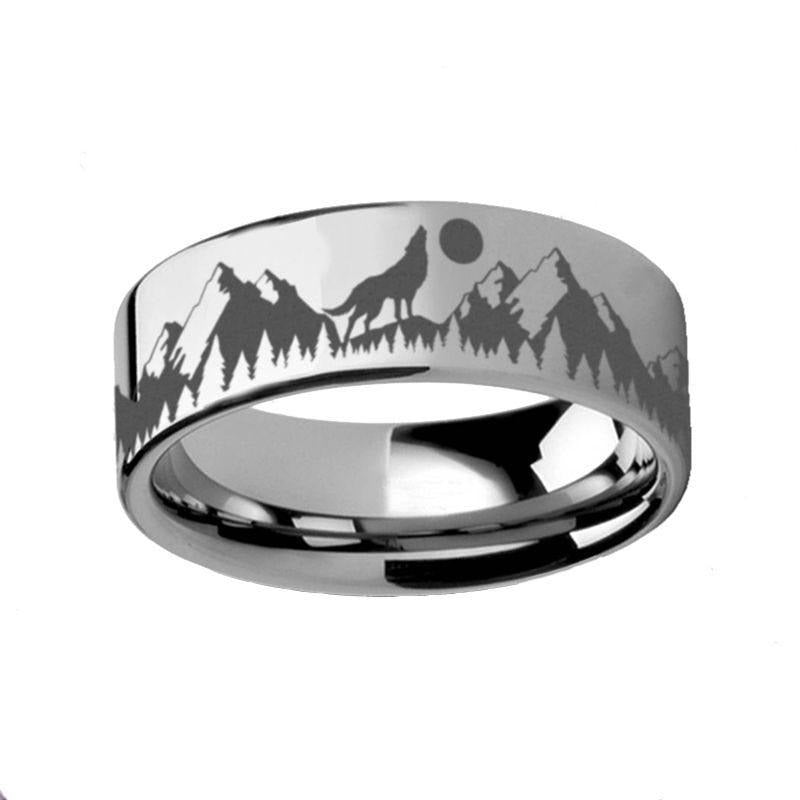 Howling Wolf Moon Mountain Ring Engraved Flat Tungsten Polished - 4mm - 12mm - 6mm