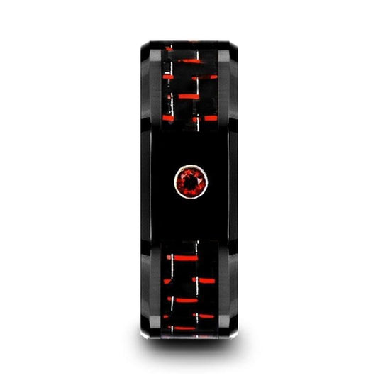 SORRELL Black Ceramic Ring with Black and Red Carbon Fiber and Red Ruby Setting - 8mm