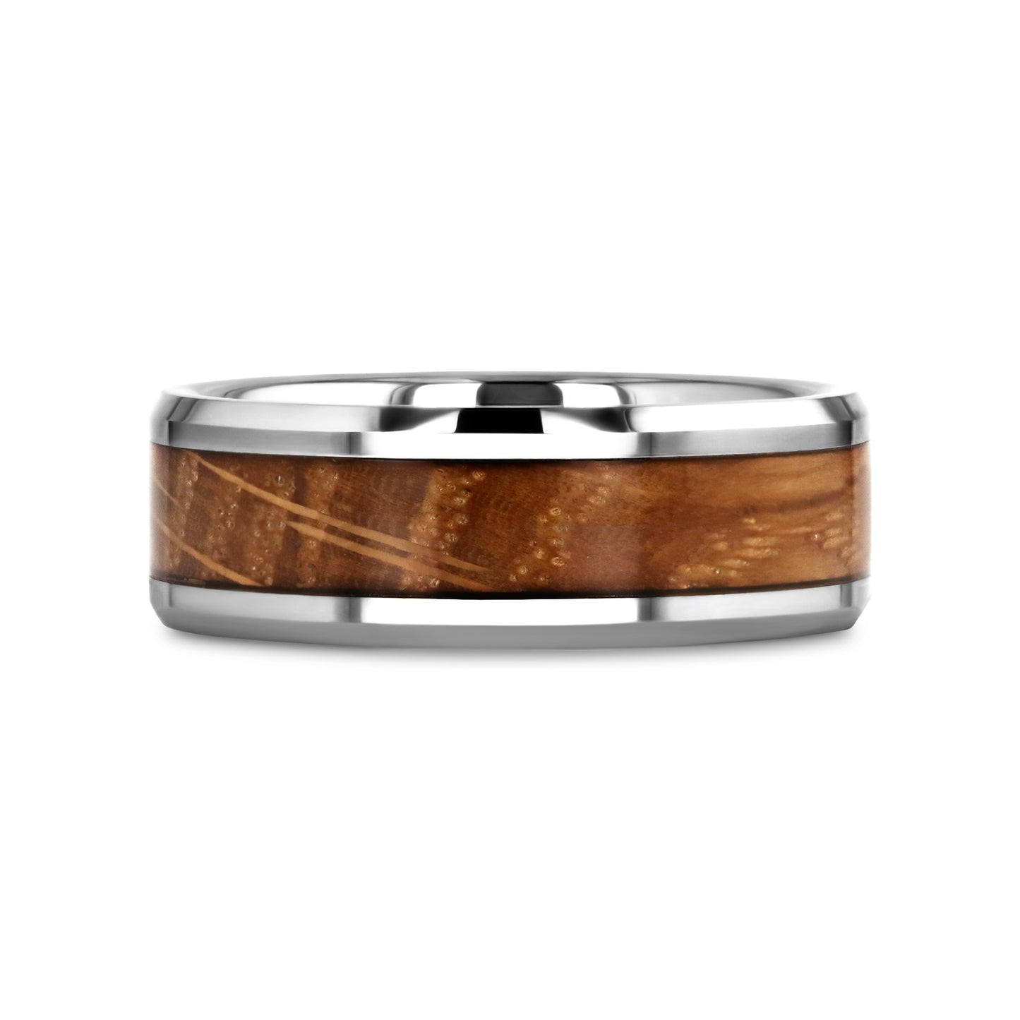 DISTILLED Whiskey Barrel Inlaid Tungsten Men's Wedding Band With Beveled Polished Edges Made From Genuine Whiskey Barrel